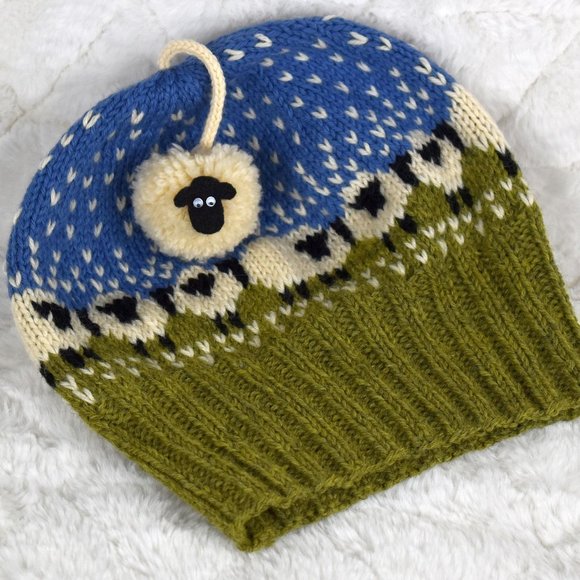 Hand Crafted Accessories - Hand Crafted Handmade Hand Knit Sheep Hat with Sheepy Pom-Pom - Adult Size